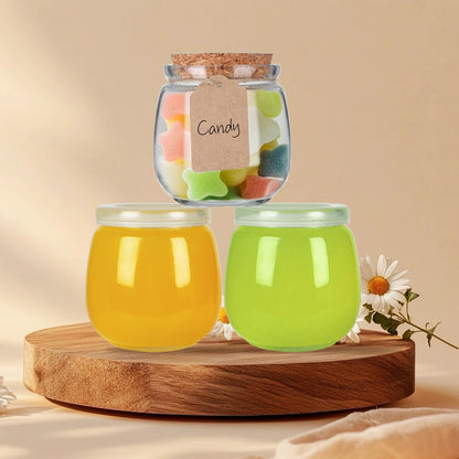 NEWMIAO 20 Pack 7 oz Glass Yogurt Jars with Cork Lids and PE Lids, Glass Pudding Jars Candles Jars, Small Containers for Wedding Favors, Milk, Jam, Honey, Cake, Spices and DIY Gift
