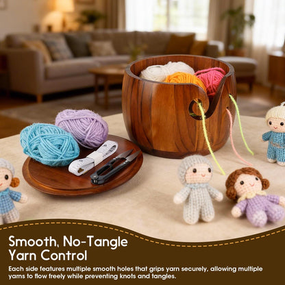 Ziimaikery Large Wood Yarn Bowl with Lid, Crochet Yarn Holder with 7pcs Knitting Hooks, No-Tangle Design, Yarn Storage Crochet Bowl Knitting at Home, Café, Park, Craft Gatherings Rotundity