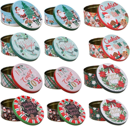 Round Nesting Tins with Holiday Print Designs, Bundle of 2 Metal Tins with Lids for Cookies, Candy, Food Presents
