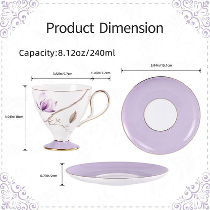 KAMMAK Ceramic Coffee Cups Saucers Set of 2, Porcelain Espresso Cups with Saucers, 8.12 oz Handcrafted Elegant Bone China Tea Cups, Purple Hibiscus & Iris Flower Pattern Teacup for Party, Office, Gift