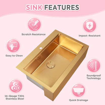 Rhbamoa 33 Inch Gold Farmhouse Sink,16 Gauge T304 Gold Single Bowl Apron Front Kitchen Farm Sink,10 Inch Depth Topmount Farmhouse Kitchen Sinks with All Golden Accessories