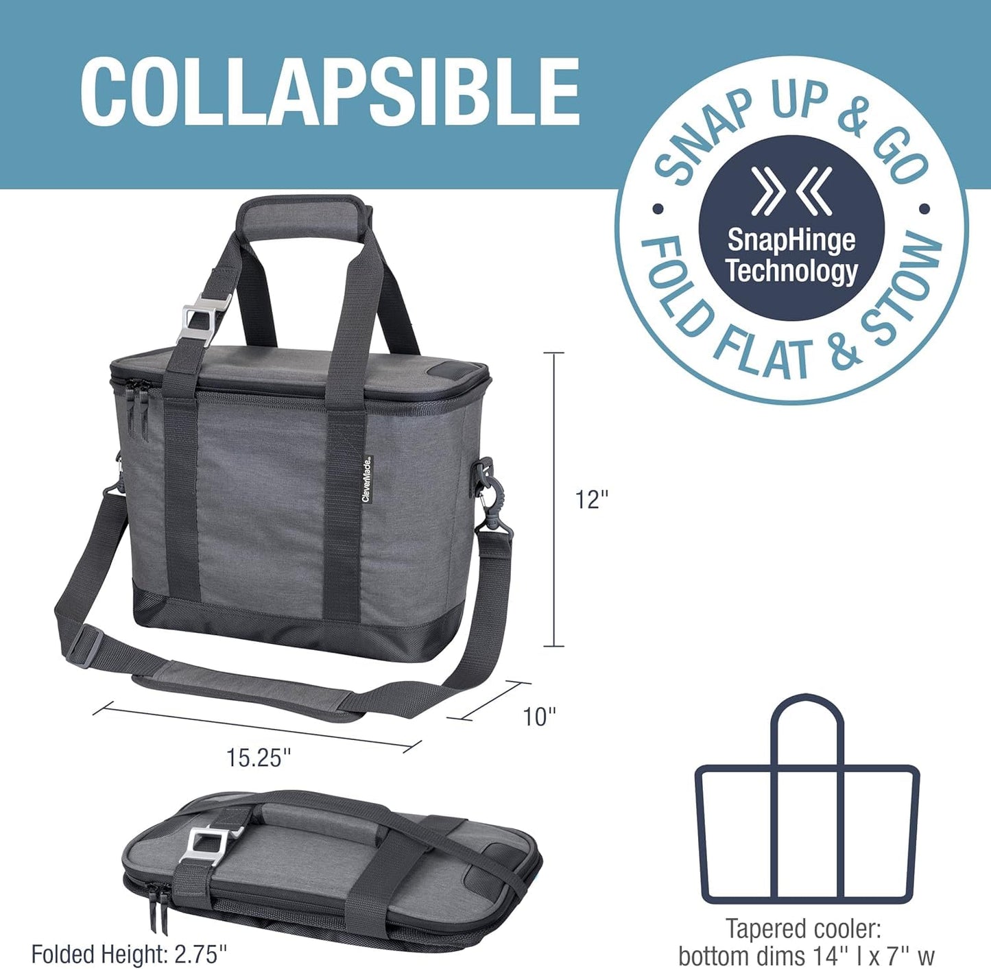 CleverMade Tahoe Collapsible Cooler Bag – Medium Portable Cooler Bag for Travel, Foldable Insulated Cooler for Beach, Picnic & Road Trips, Holds Up to 30 Cans, Leakproof Soft Carry Cooler - Gray