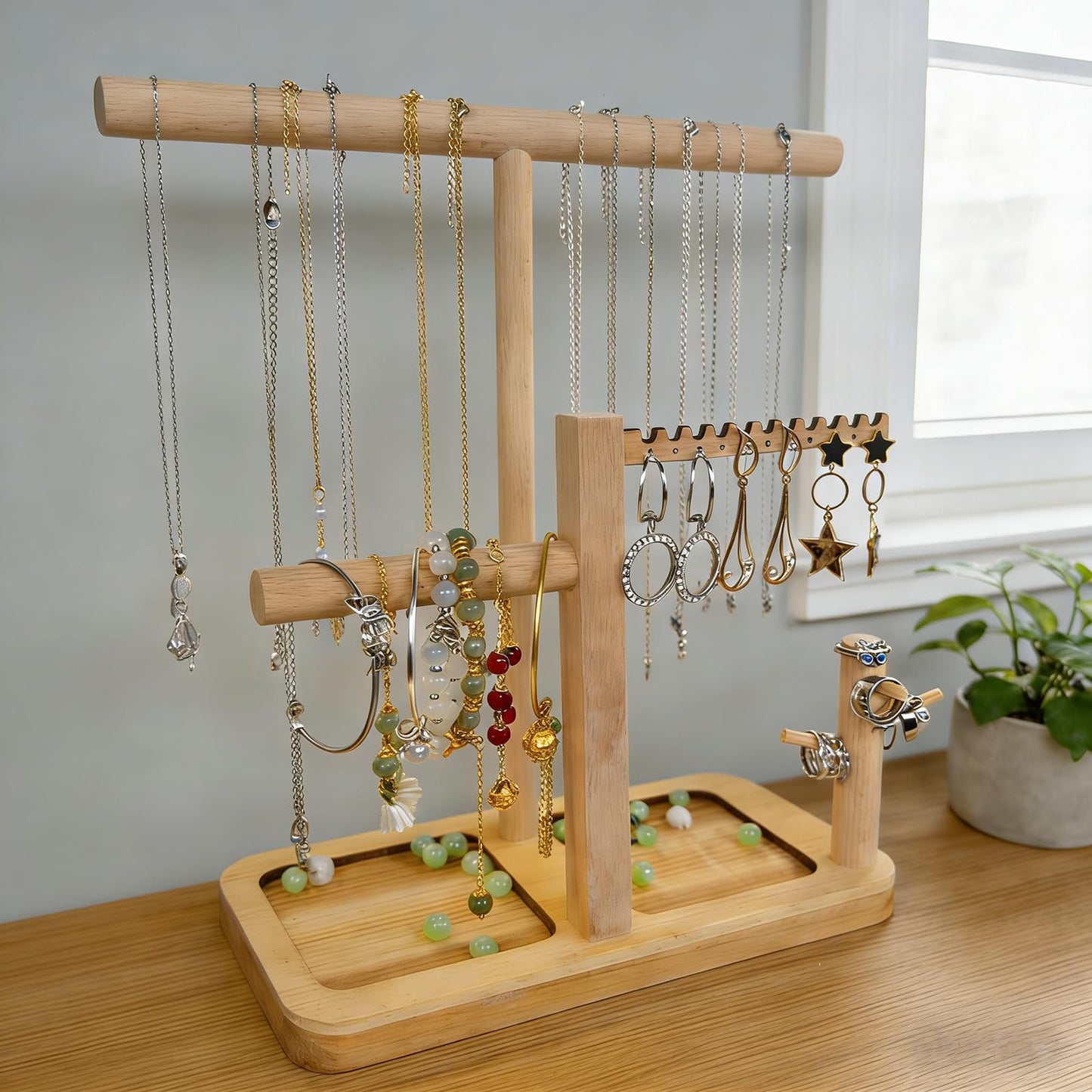 NUEKOELY Solid Wood Jewelry Tower Organizer - 3-Tier Tree Holder Stand with 11 Earring Holes, 2 T-bar for bracelets Necklace or watches, Ring Tree & Display Tray (natural wood)