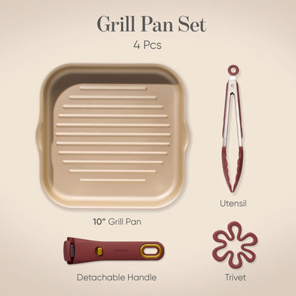 CAROTE 10 Inch Titanium Reinforced Nonstick Grill Pans for Steak, Non-Stick Grill Pans Sets with Detachable Handle, PFOS, PFOA Free, Gas & Induction Safe, All Stovetops Compatible, Burgundy