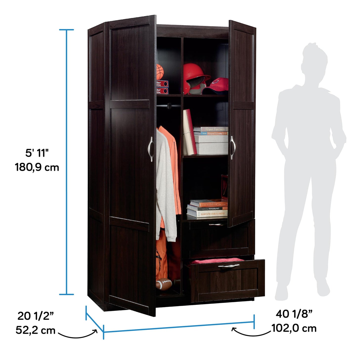 Sauder Select Multipurpose Bedroom Armoire Wardrobe Closet Pantry Storage Cabinet with Storage Drawers and Hanging Rail, in Cinnamon Cherry