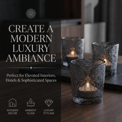 12 Pack Mandala Embossed Glass Candle Holders – Votive Tealight Holders with Patent Design, Decorative Embossed Glass Cups for Wedding Centerpieces, Parties, and Home Décor (Smoky Quartz)