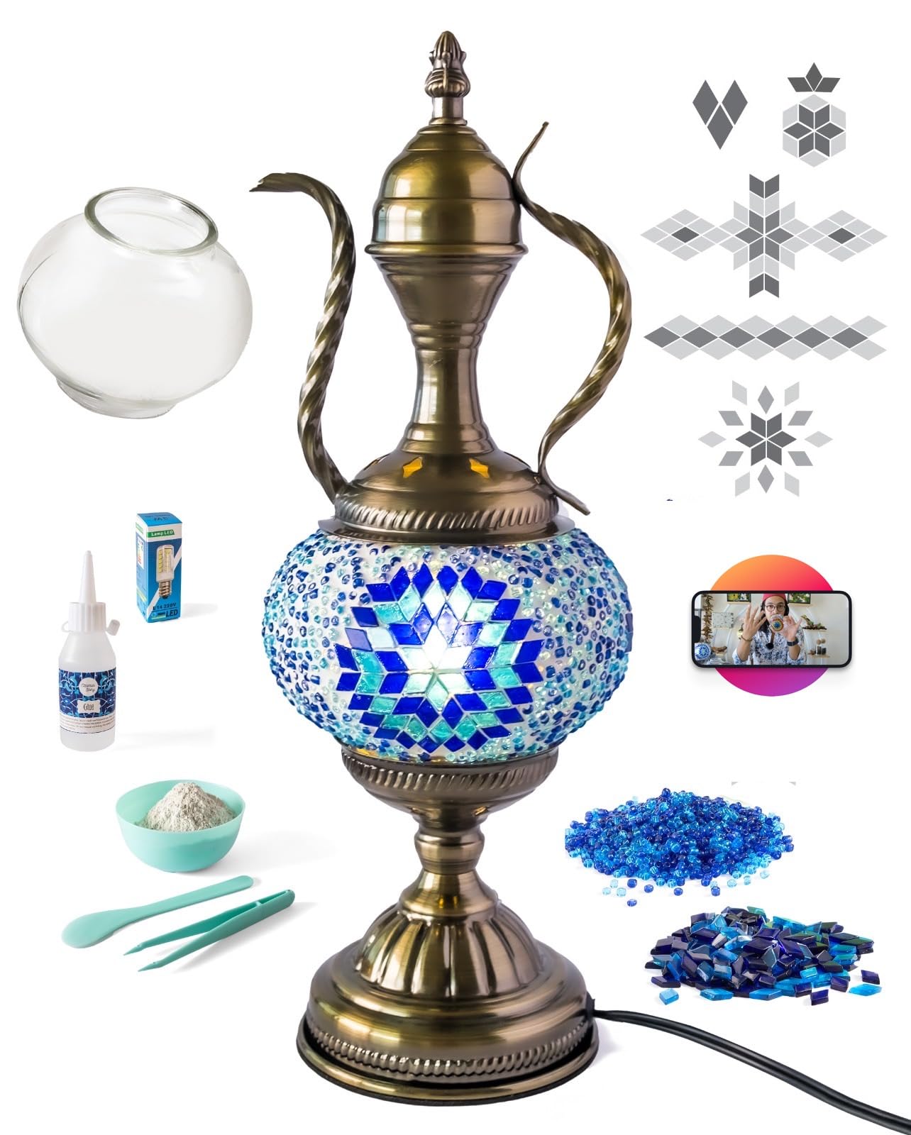 KRAFTSTORIES DIY Turkish Mosaic Lamp Kit for Adults | Teapot Style Making Craft Kit | Make Your Own Lamp | Moroccan Table Bedside Traditional | Home Decoration Gift (Blue)