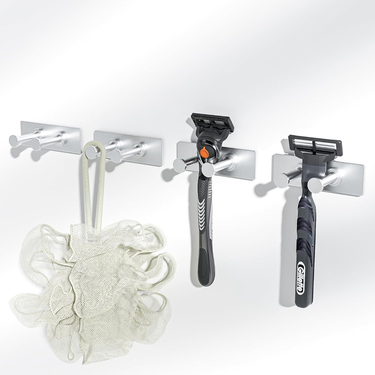 Extra Sticky Stainless Shower Hooks, Wall Mounted Razor Holder, Self-Adhesive Double Hooks for Towel, Loofah, Coat