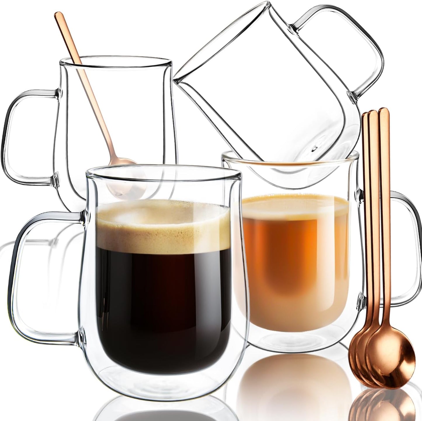 16 OZ, Set 4 Double Walled Glass Coffee Mugs Borosilicate Glass Coffee Cups of with Spoons, Insulated Clear Coffee Mug