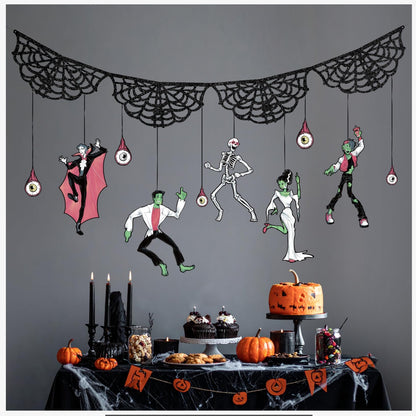 Cheerland Halloween Garland Skeleton Garland Spooky Banner Spider Web Halloween Banner Gothic Party Decorations Hanging Skeleton Monster Bash Birthday Skull Garland Monster Party Decorations
