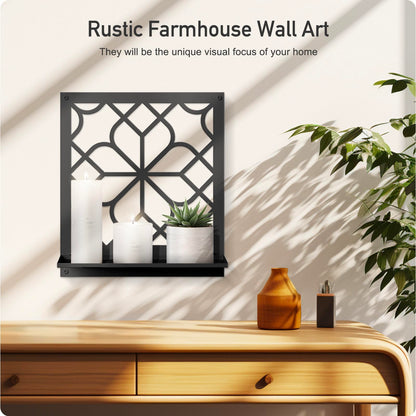 Black Metal Wall Candle Holder Set of 2, Square Rustic Farmhouse Bathroom Wall Decor, Modern Boho Aesthetics Line Art for Entryway, Hallway, Living Room, Bedroom (11.8 x 13 in)