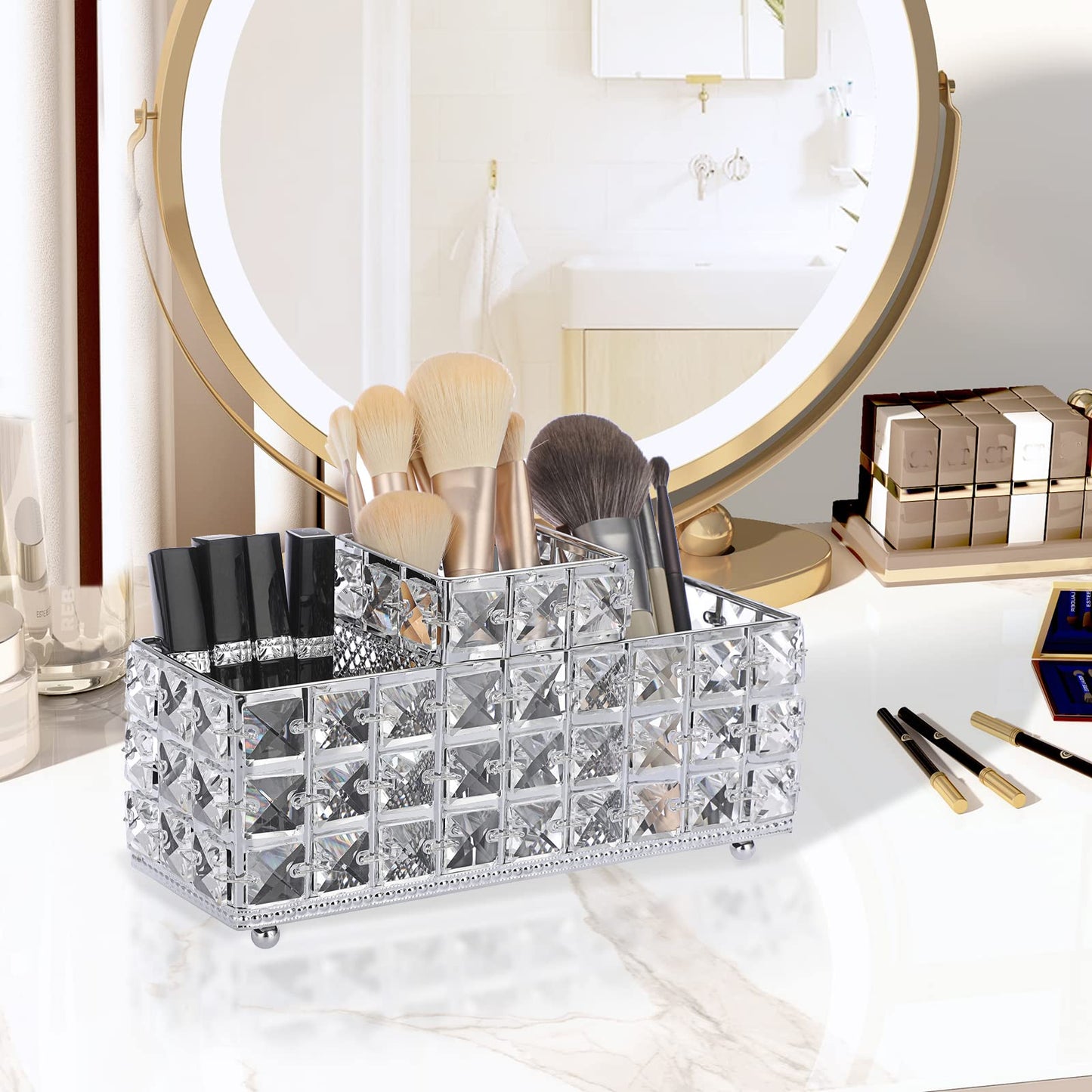 Hipiwe Crystal Remote Control Holder Bling Makeup Brush Holder Organizer Desktop Cosmetics Brushes Storage Cup Pen Pencil Storage Pot Cup for Dresser Bathroom Office, 3 Slot
