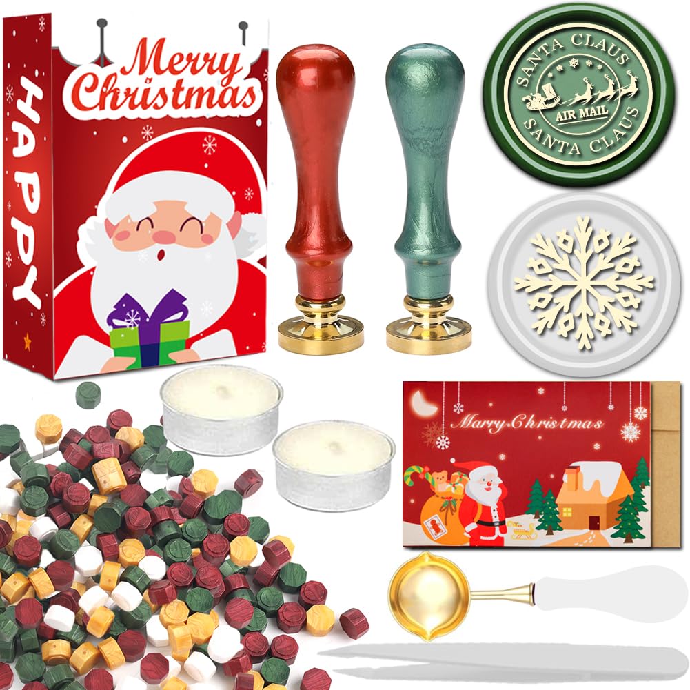 WUERLIN Christmas Wax Seal Stamp Kit,Santa Claus Wax Seal Stamp add Snowflake with Deep Engrave Great for Decoration Holiday Cards New Year Envelopes (Santa Sealing KIT)