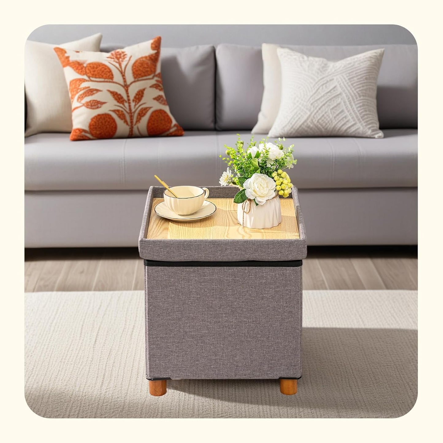 15" 15" 15"Grey PINPLUS Storage Ottoman Cube, White Linen Footrest with Wooden Legs, Foldable Fabric Footrest