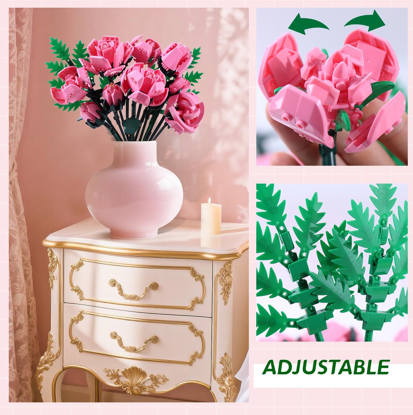 Pink Rose Flower Building Set-10pcs Roses & 2pcs Leaves Botanical Collection, Artificial Flowers for Home Décor, Rose Bouquet Building Kit for Valentine’s Day Christmas Birthday Anniversary (No Vase)