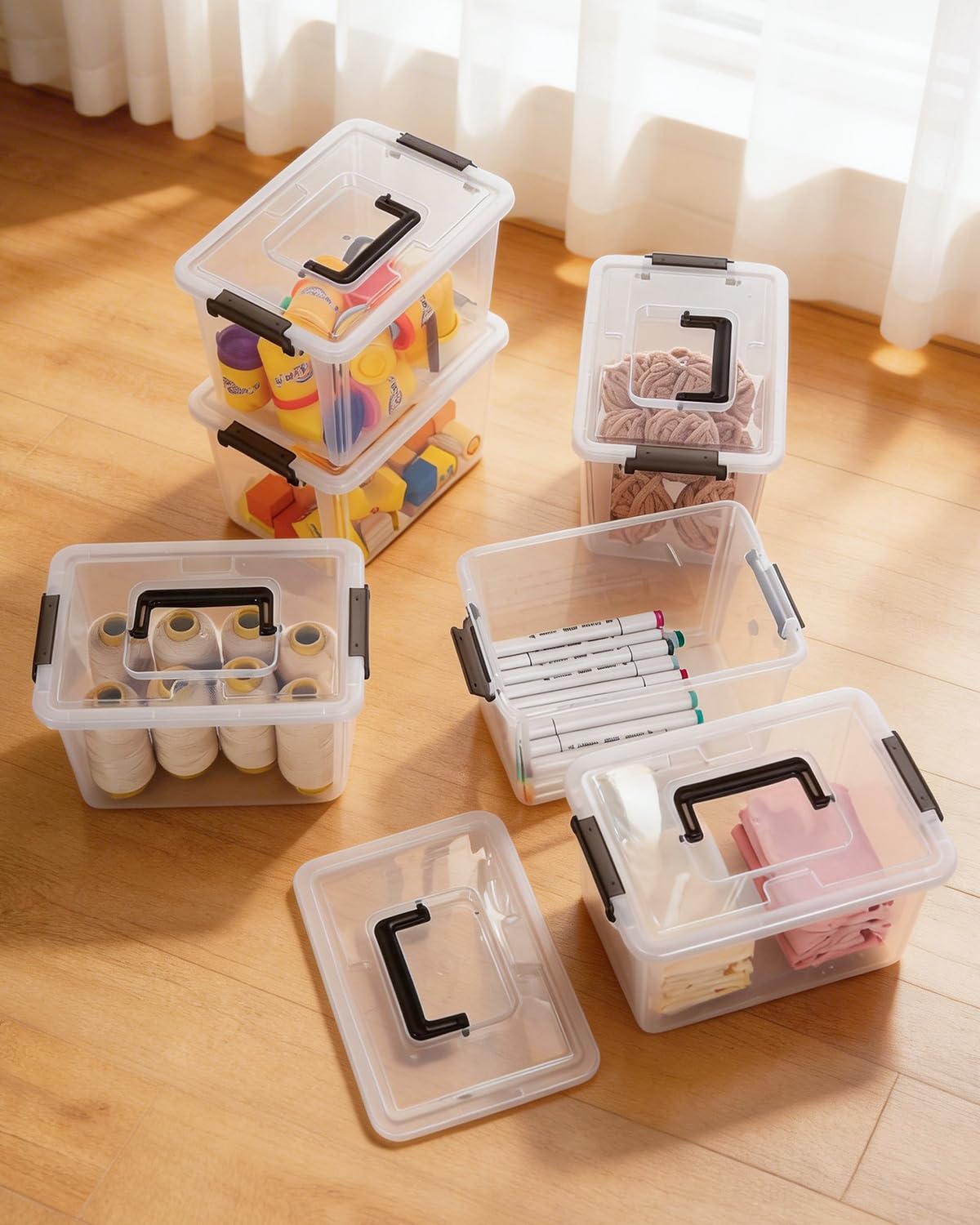 Citylife 6 Packs 6 QT Plastic Storage Bins with Latching Lids Clear Storage Box with handle Stackable Storage Containers for Organizing Snacks, Crafts, Toys, Tools