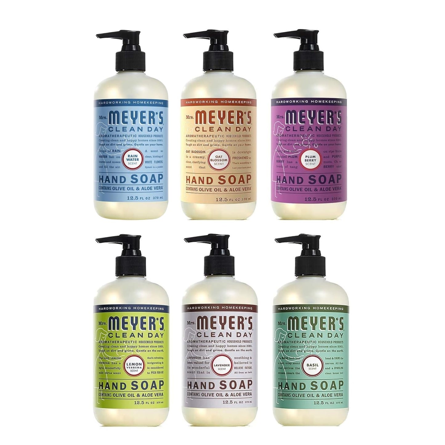 Mrs. Meyer's Clean Day Liquid Hand Soap 6 Scent Variety, Lavender, Rainwater, Oat Blossom, Plumberry, Lemon Verbena, Basil, 12.5 oz, 6 Count