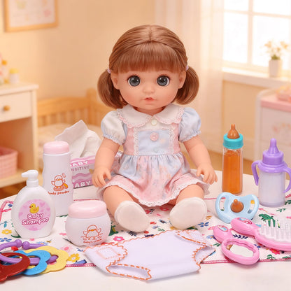 Baby Doll Accessories Set in Gift Box, 16 Pack Baby Doll Feeding Caring Kit with Pacifiers & Diaper Bag & Magic Bottles, Birthday / Christmas Party Goody Bag Stuffer, Toddler Kid Girl Pretend Play Toy
