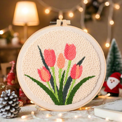 artcici Punch Needle Kit for Beginners with Floral Themed Tulips Leaves Pattern Tool and Yarn, Easy Embroidery Rug Hooking Set (Pink)