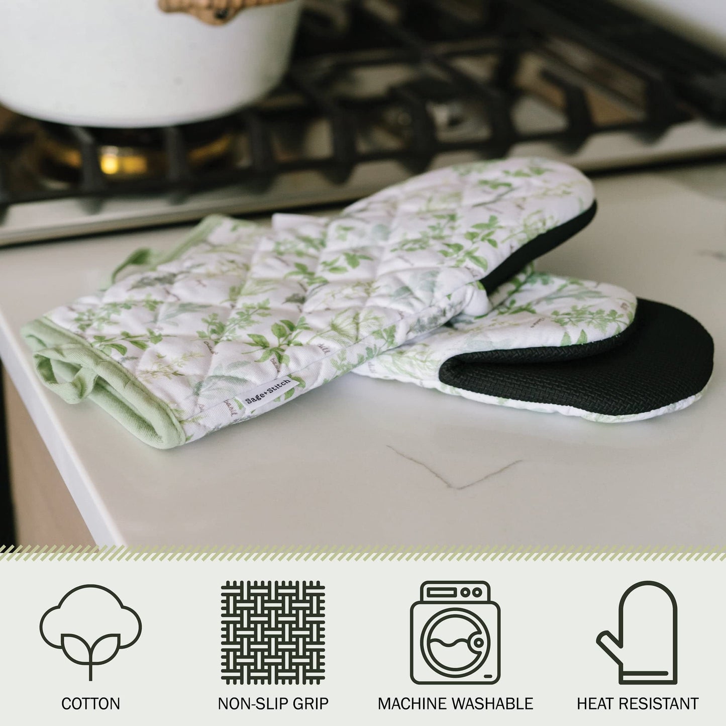 Sage+Stitch Heat Resistant Designer Kitchen Oven Mitts with Neoprene Non-Slip Grips and Hanging Loops | Set of 2 100% Cotton Long Sleeve Kitchen Oven Mitts | 5.5" x 12" | Green Herbs