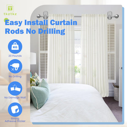 Curtain Rods No Drilling for Windows 32 to 45 Inch:No Drill Small Silver Curtain Rod with Adhesive Brackets for Bedroom,5/8" Apartment Renter Friendly Adjustable Drapery Rods Easy Install