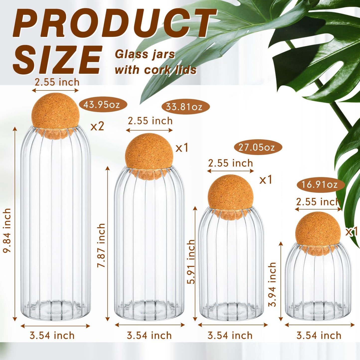 Suclain 5 Pack Glass Jar Set with Spherical Cork Ball 4 Sizes Food Storage Tank Candy Jars Coffee Canister Airtight Jars for Kitchen Ball Bottle Holder Spice Sugar Tea (Vertical Pattern Style)