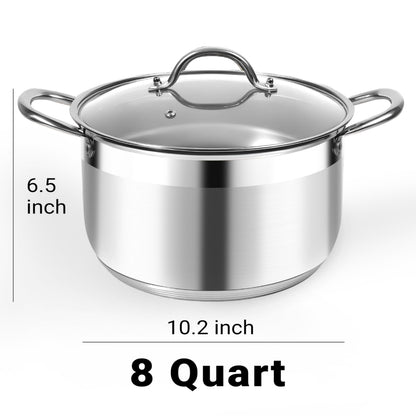 Kirecoo Stainless Steel Stock Pot - 8 Quart Heavy Duty Induction Cooking Pot with Visible Lid for Pasta, Soup, Spaghetti, Nonstick Thick Bottom Big Stockpot, Deep Cookware for Canning, Boiling, Simmer