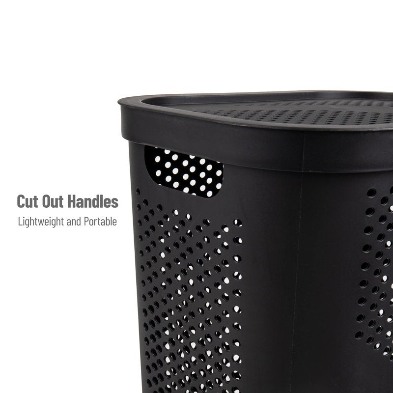 Mind Reader Slim Laundry Hamper with Lid, 60L Clothes Basket, Ventilated Plastic, Black
