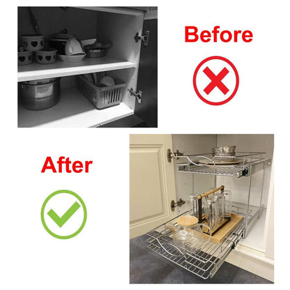Sikarou Pull Out Cabinet Organizer 14" W x 21" D 2-Tier Individual Slide Out Drawer Pantry Shelf Storage for Kitchen Base Cabinet Organization for Kitchen, Bathroom, Pantry, Chrome