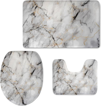 UNICEU 3 Piece Bathroom Rug Set, Grey White Marble, Machine Washable, Non Slip Microfiber