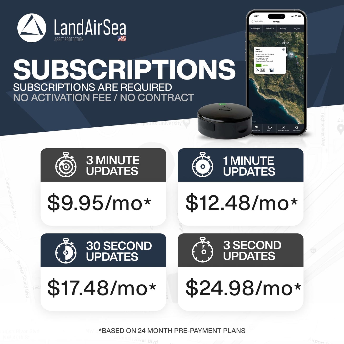 LandAirSea 54 GPS Tracker - USA Manufactured, Waterproof Magnet Mount. Full Global Coverage. 4G LTE Real-Time Tracking for Vehicle, Asset, Fleet, Elderly and More. Subscription is Required.