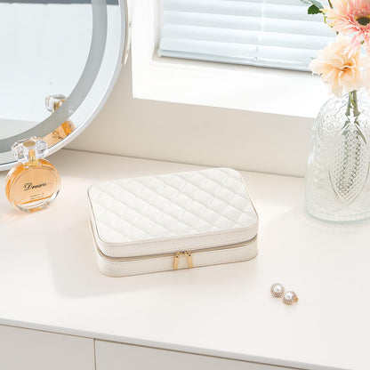 Lolalet Travel Jewelry Case for Women Girls, Travel Jewelry Organizer Box with Mirror & Clear Storage Bag, Small Portable Earring Necklace Bracelet Ring Case, Birthday Valentine Gifts -Medium, White