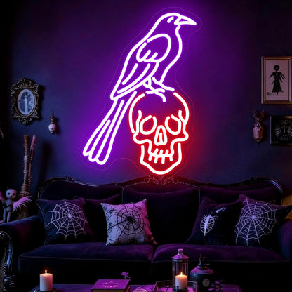 Raven Skull Neon Sign, LED Neon Sign Wall Decor Gothic Raven Light for Bedroom Studio Game Room, Animal Skeleton Bird Art Wall Display 15.7” × 11.4”