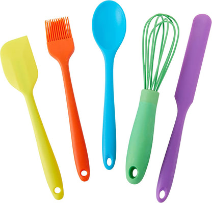 C.R. Gibson Kids in The Kitchen Silicone Utensil Set, Oil Brush, Spoon, Whisk, Long Spatula, Multicolor