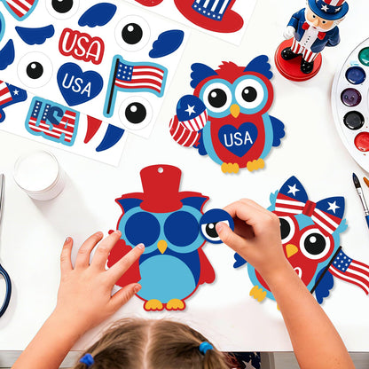 PAIVSUN 24Pcs 4th of July Crafts for Kids, DIY Owl Stickers Crafts Kit, Make Your Own Patriotic Arts Activity, Memorial Independence Day Decorations Gifts for Classroom Home Party Supplies