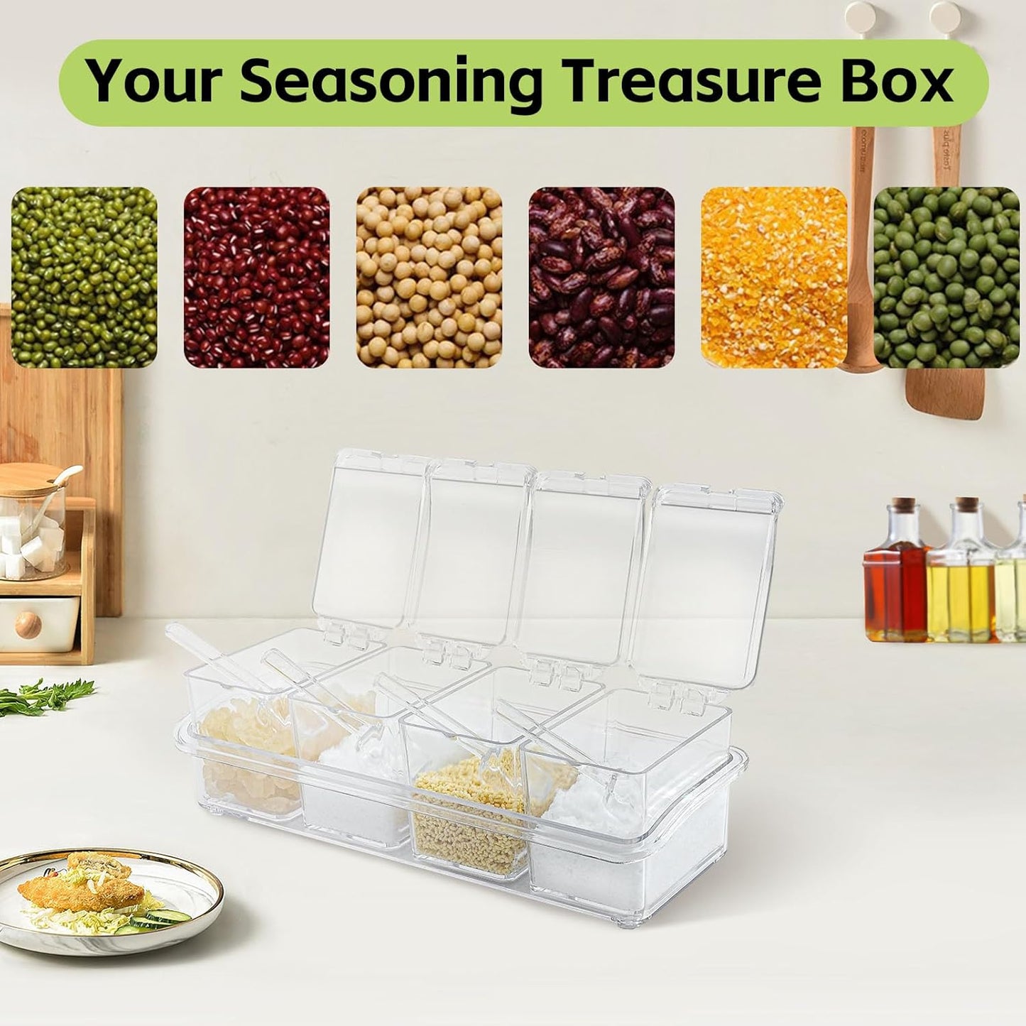 Clear Seasoning Box, 2 Pieces with Spoon, 8 Pieces Kitchen Spice Pots for Salt, Sugar, Pepper, Acrylic Storage