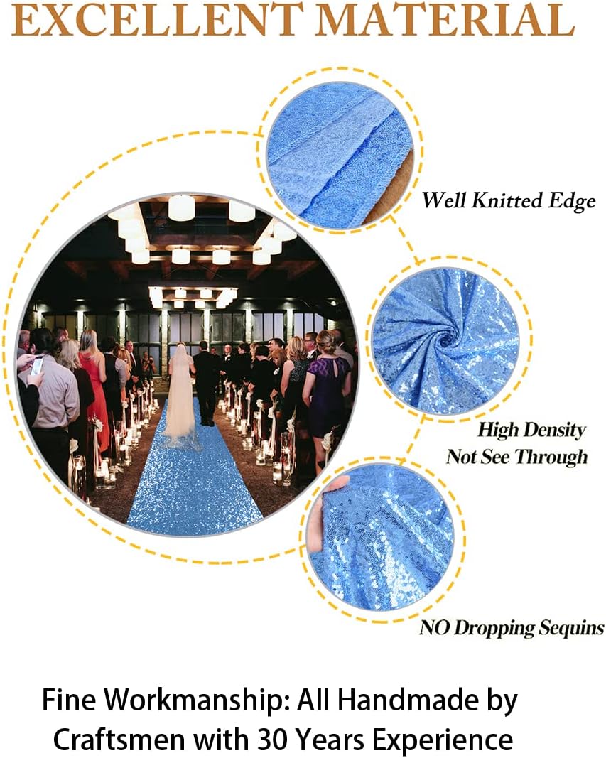 ShiDianYi Blue Aisle Runner for Wedding, 15FTx2FT Modern Baby Blue Glitter/Sequin Mesh Fabric Wedding Rug Runner