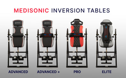MediSonic Pro Inversion Table with Adjustable Heat & Vibrating Massage Lumbar Pad, Diamond-Stitched Comfort Backrest, Multiple Inversion Angles, 300 lb Capacity, Home Use, Blue