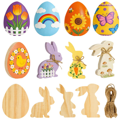 Meching 12 Pcs Unfinished Easter Wooden Cutouts Bunny Egg Shapes Blank Wood Signs for Painting DIY Crafts Spring Home Party Tabletop Tiered Tray Classroom Decoration