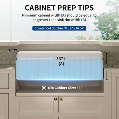 DeerValley White Farmhouse Sink 33 inch, Fireclay Apron Front Farm Kitchen Sink, Single Bowl Deep Drop-in Undermount Reversible Sinks with Grid & Strainer