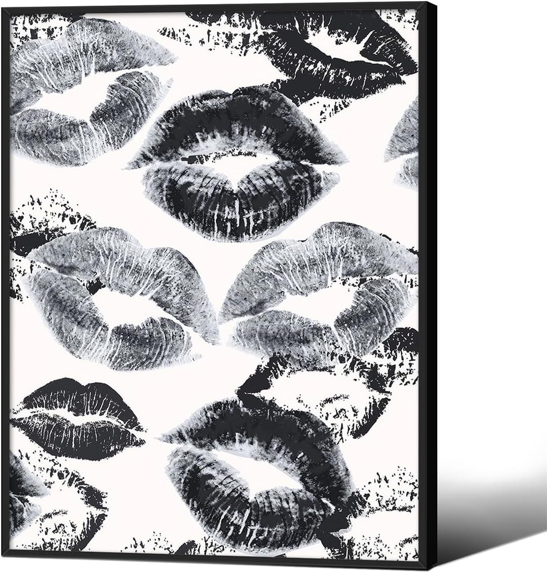 OMANI 08x10 inch Woman Lips Posters Black and White Sexy Kiss Canvas Wall Art Black Framed Fashion Retro Aesthetic