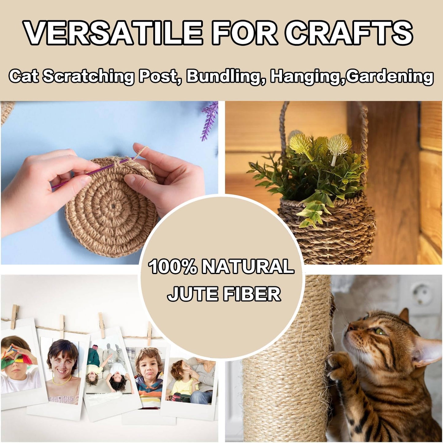 BRETANGME Natural Jute Rope 5/16 in (8mm) x 200 Ft, 4-Strand Twisted Thick Jute Twine String for Cat Scratching Post, Macrame Cord, Crafts, Garden Twine, Plant Hangers, Home Decor