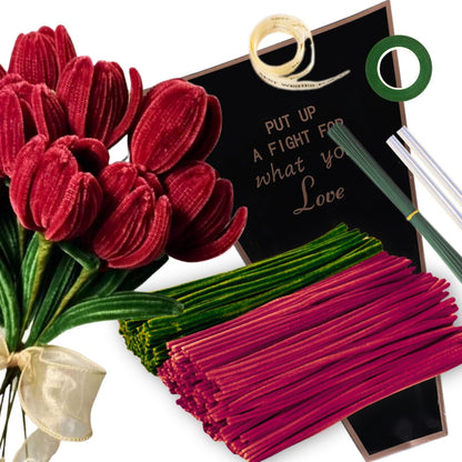 NafuXiaJJia Rose Pipe Cleaner Kit with 150 Pcs Pipe Cleaners Colourful in 2 Colours（Burgundy,Green,8 Pcs Green Floral Wire,Floral Tape,Flower Wrapping Paper and Ribbon