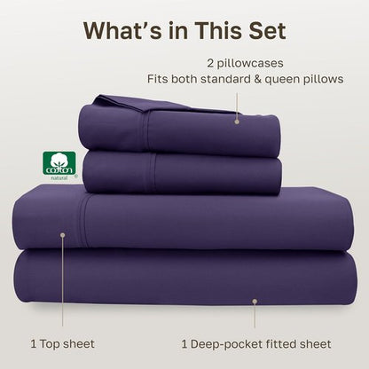 California Design Den Queen Size Cotton Sheet Set - 400 TC Silky Smooth Sateen Weave, Deep Pockets, Breathable - Purple