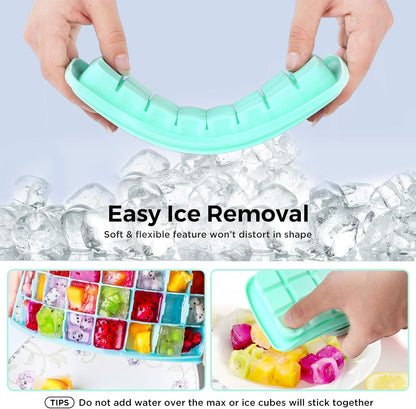Soft Silicone Ice Cube Tray with PP Lid, Flexible Ice Cube Trays for Freezer (24 Cubes, Blue)