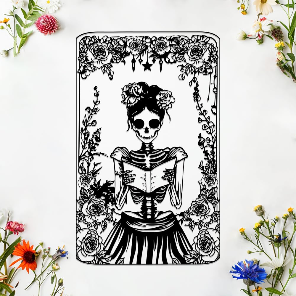 Skull Flower Metal Sign Art Decor,Skull Reading Book Silhouette Signs Wall Hanging Gifts for Birthday Halloween,Female Skeleton Plaque Decorate for Living Room Bedroom Garden Farmhouse Indoor Outdoor