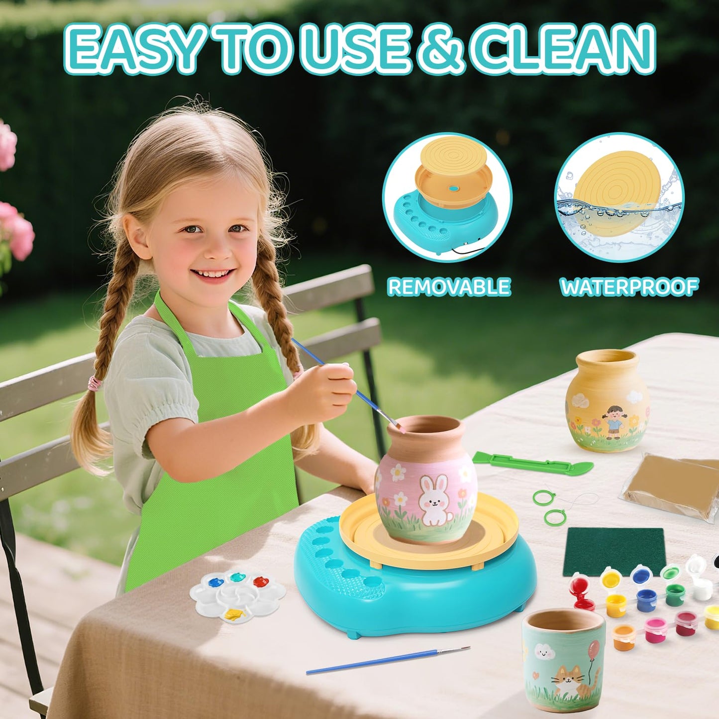 Pottery Wheel for Kids, Arts & Crafts Pottery Painting Toys Kit for Kids Ages 8-12, Art Supplies with 3 Pack Air Dry Clay and Clay Tools, Birthday Easter Gift for Girls Boys 6 7 8 9 10 11 12