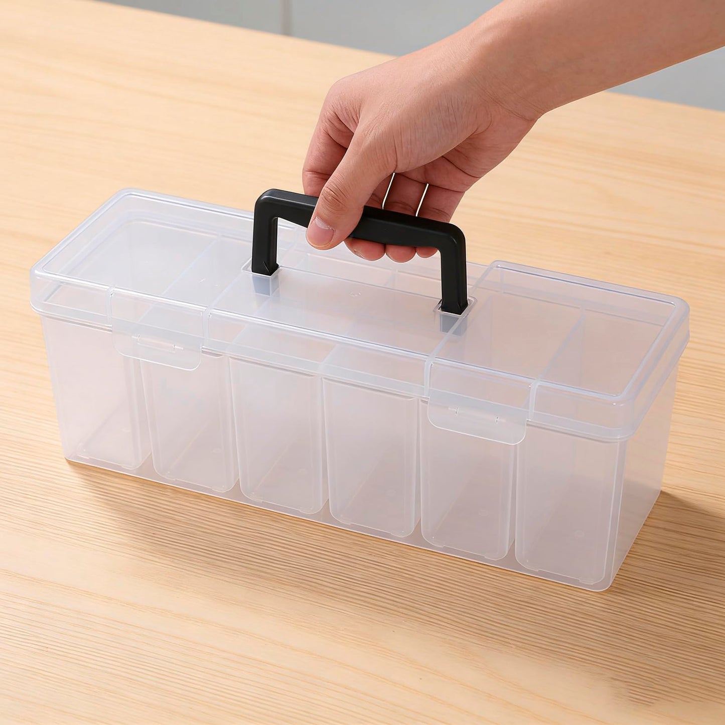 Mowhut Tool Box Organizer, Clear Plastic Small Tool Box With 6 Removable Bins, Portable Hardware Storage Case for Garage Repairs, Screw Sorting, Craft Supplies With Carry Handle