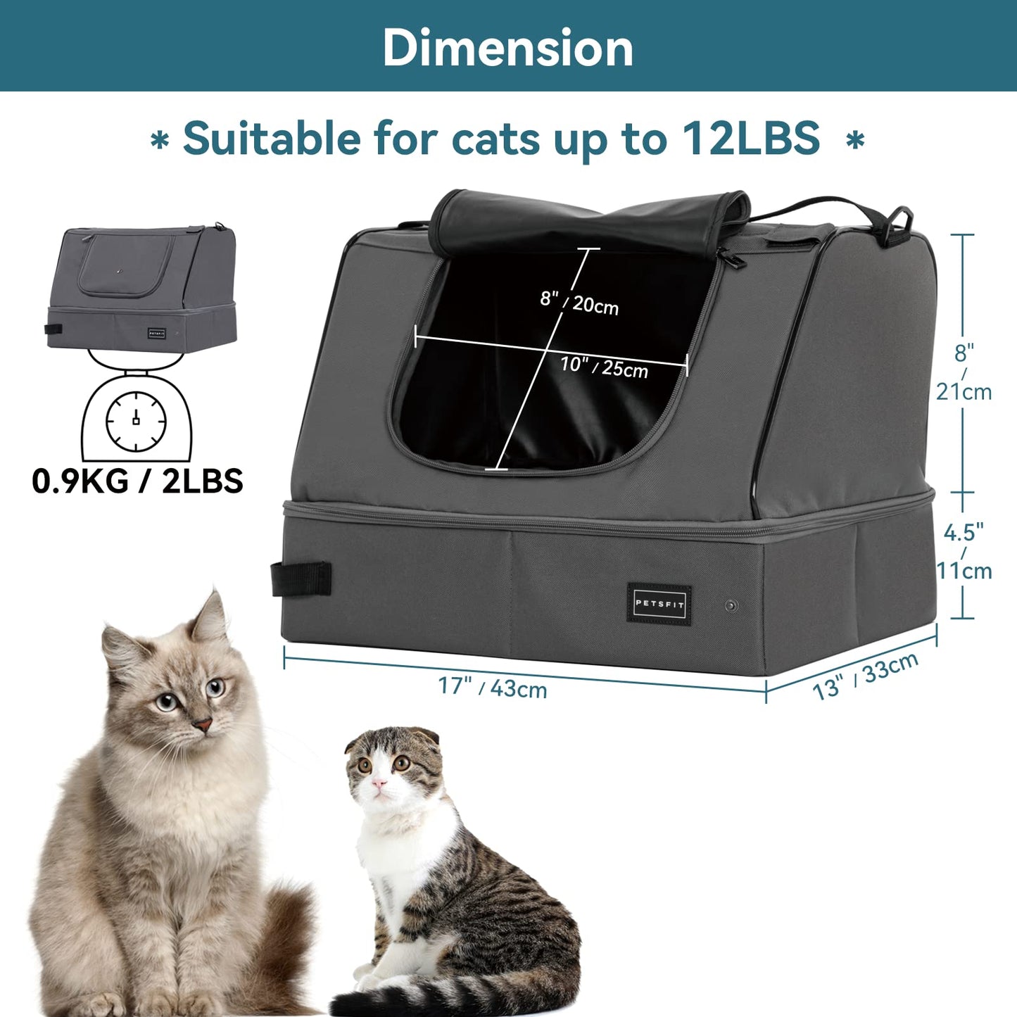 Petsfit Litter Box with Lid, Waterproof Bottom, High Cover Enlosure, Standard Cat Litter Boxes, Leak-Proof, Lightweight Gray, 40cm x 30cm x 12cm