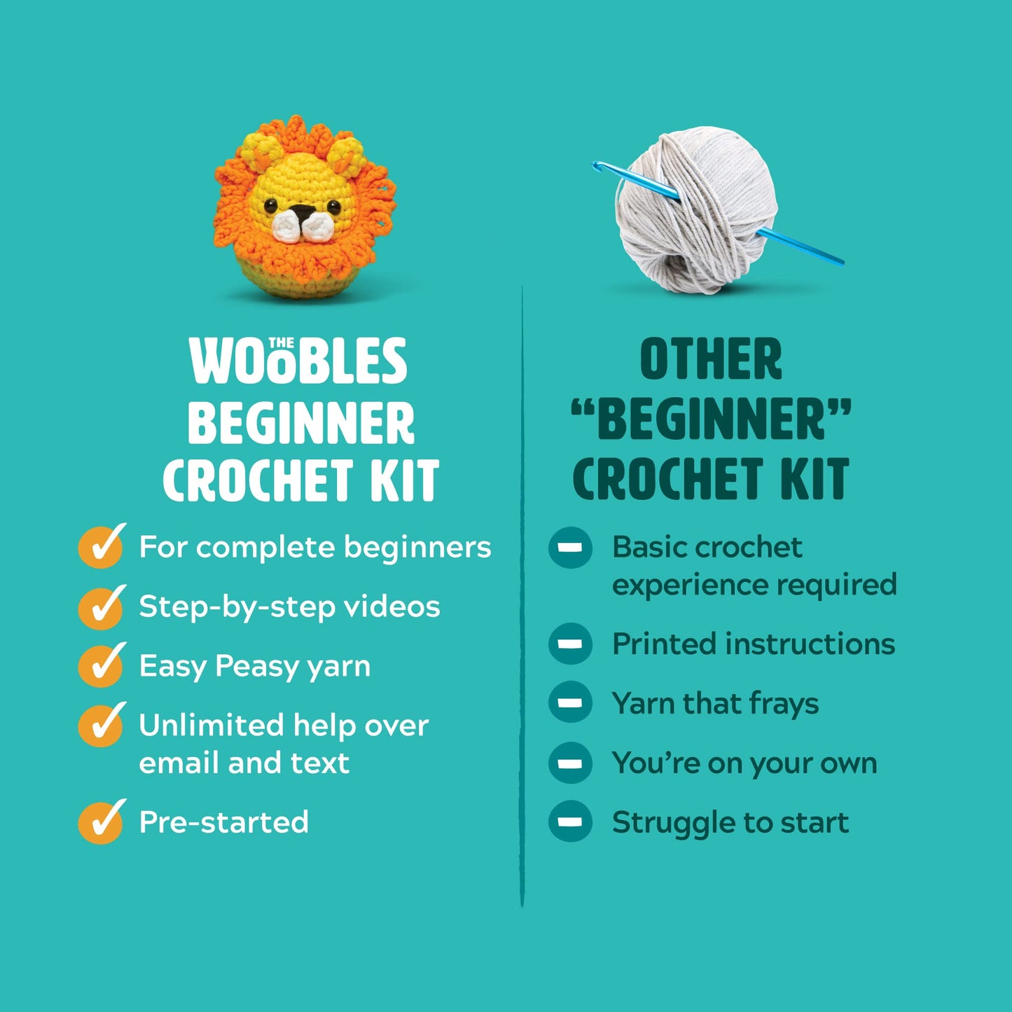 The Woobles Crochet Kit for Beginners - Easy Arts and Crafts Knitting & Crochet Animals Kit All in One Bundle As Seen On Shark Tank - (Penguin,Chick,Fox & Bunny) with Easy Peasy Yarn